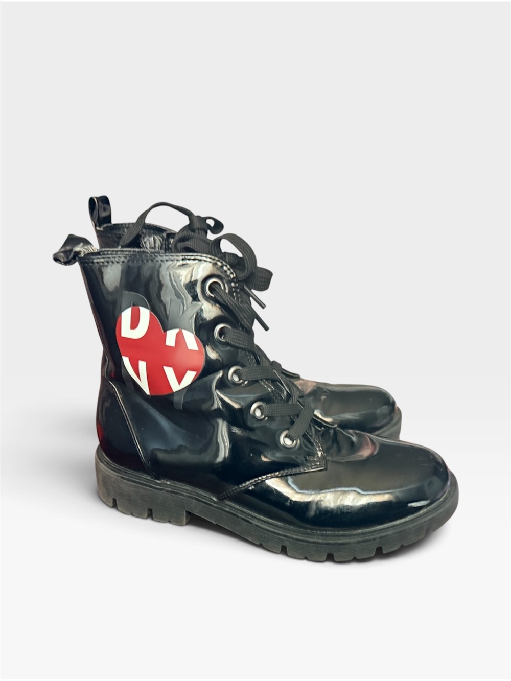 DKNY Black Patent Lace-Up Combat Boots with Red Heart Logo
